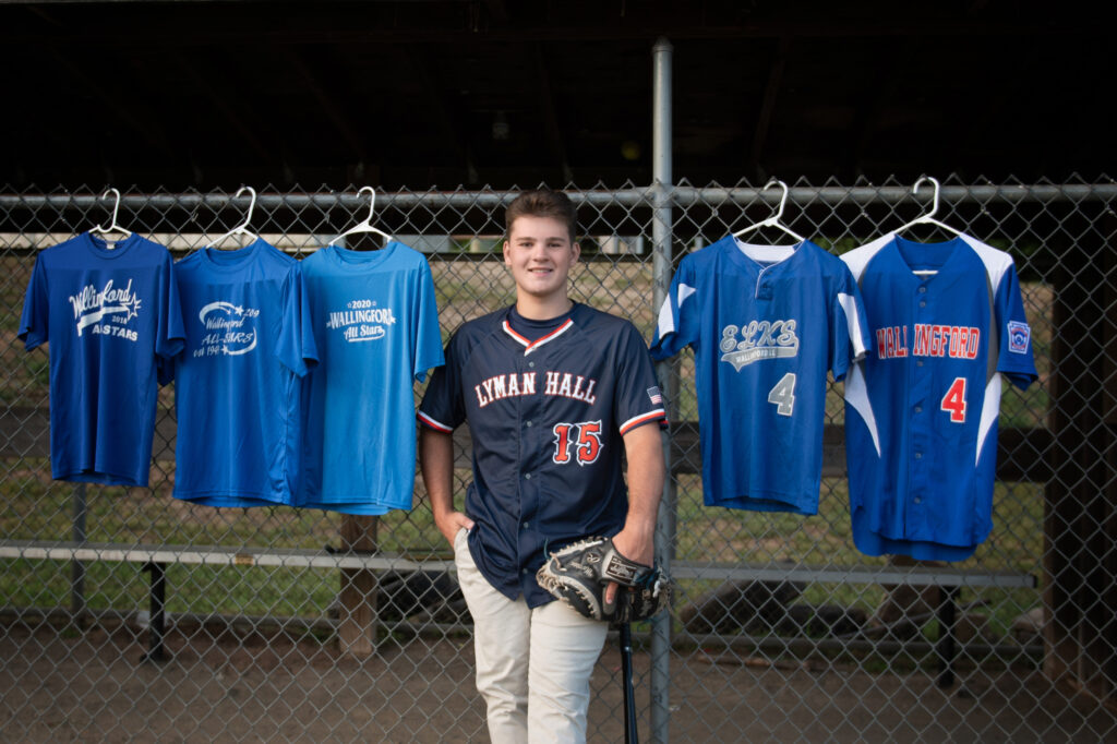 Senior photography session at high school baseball field, Wallingford, CT,