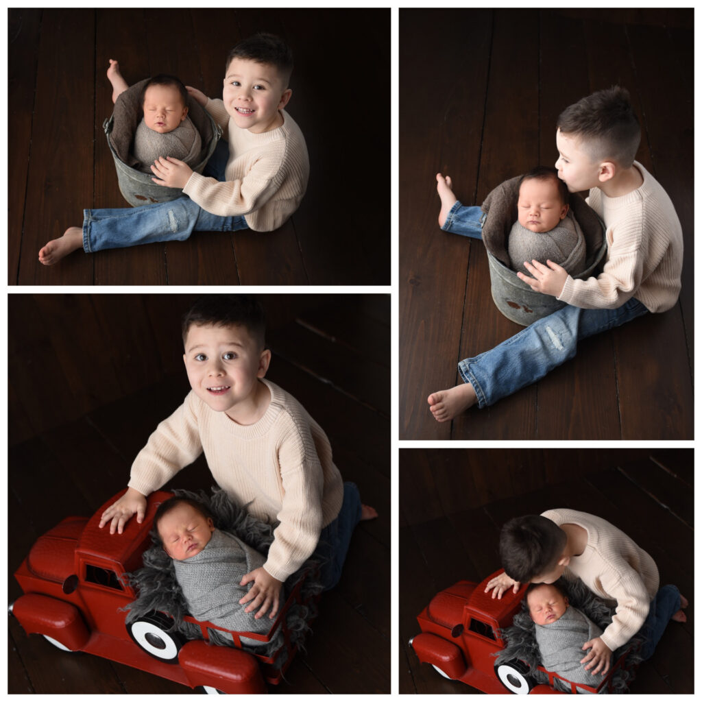Big brother sure loves his little brother.  A baby in a bucket and a truck, having fun at Christy Mitchell Photography in Wallingford, CT 