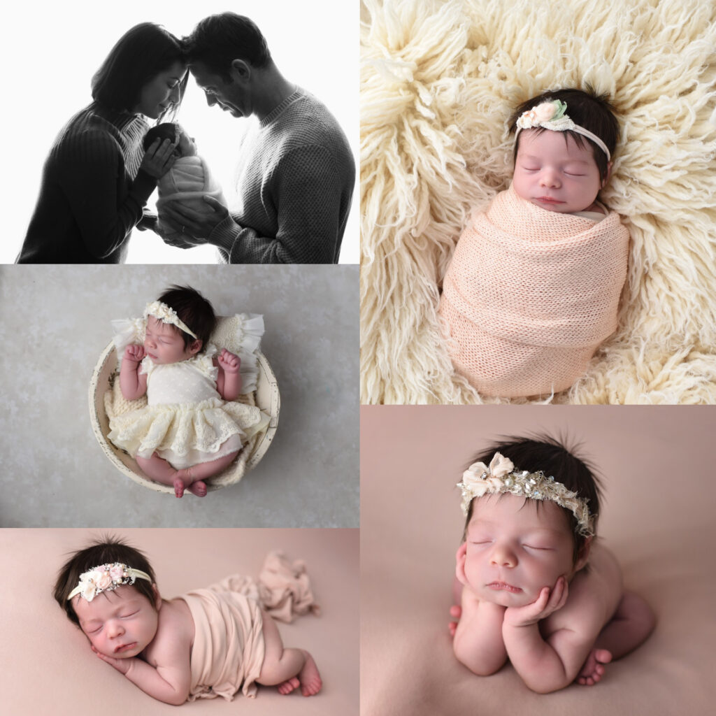 Collage of newborn session done in Wallingford CT cozy studio. 