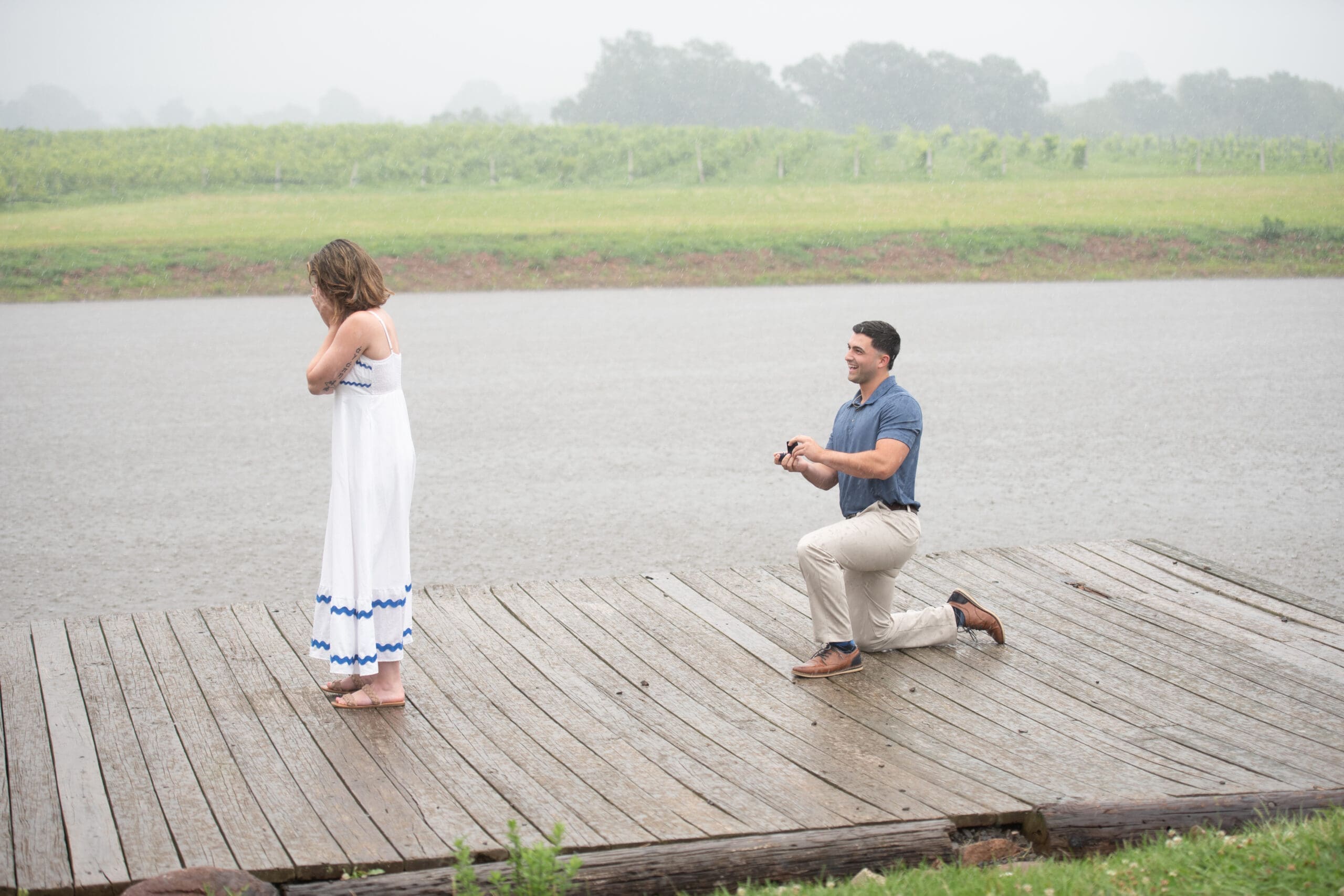Tom proposing to Joelle at Gouveia Vineyards in Wallingford Connecticut